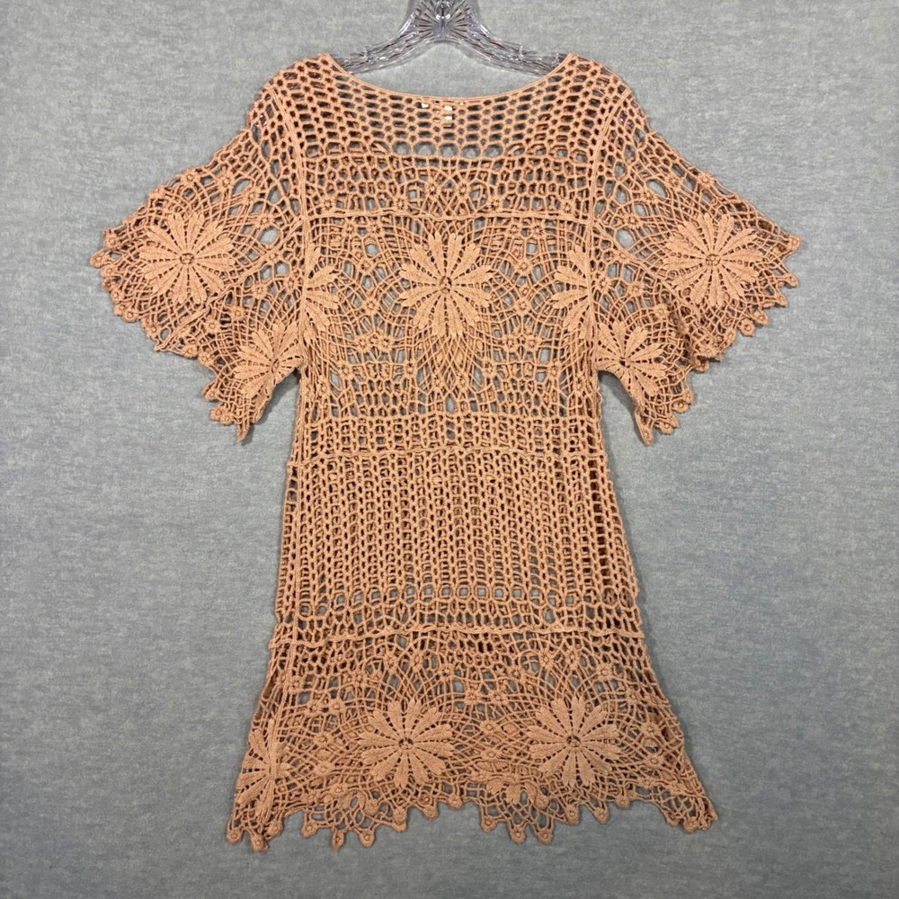 Cato Women Tan Crochet Lace Floral Tunic Top Short Sleeve Scallop Hem S